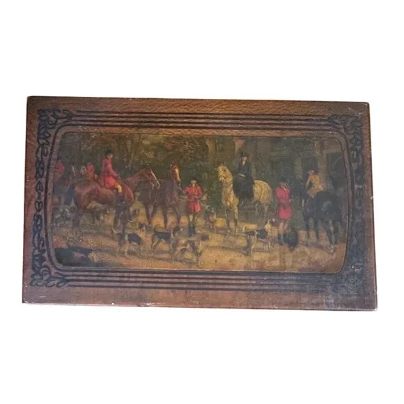Vintage Moody Art Wooden Box Hinged Equestrian Hunting Dogs - Picture 2 of 6
